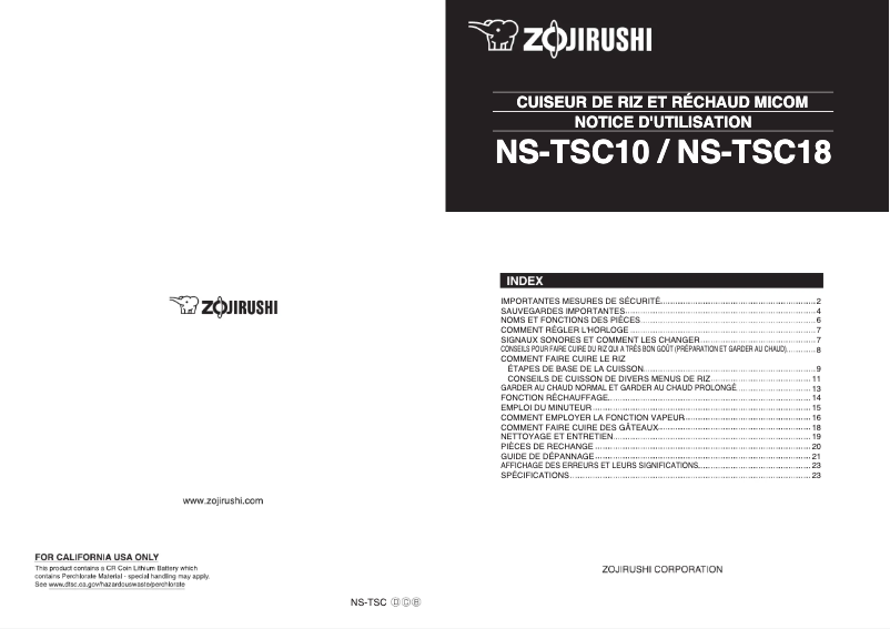 Page 1 de la notice Manuel utilisateur Zojirushi NS-TSC10