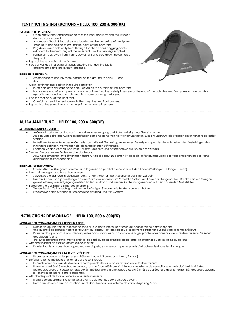 Page 1 de la notice Manuel utilisateur Vango Helix 100