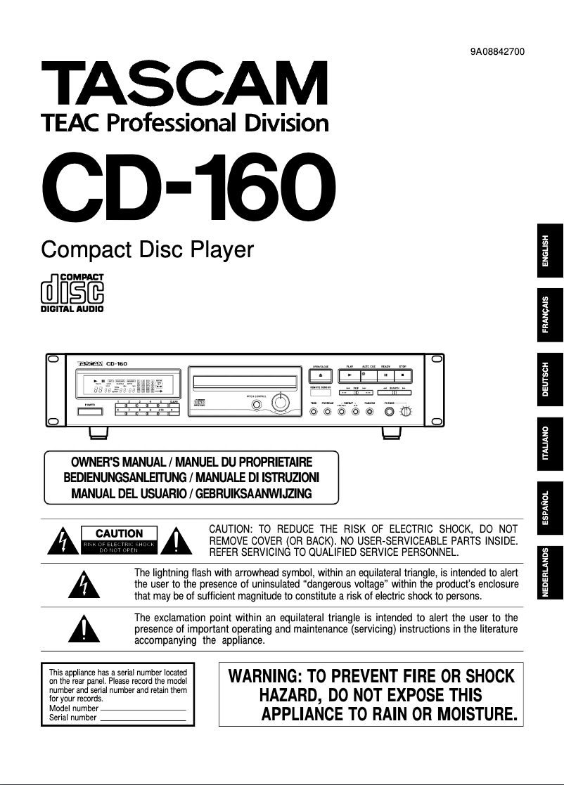 Page 1 de la notice Manuel utilisateur Tascam CD-160