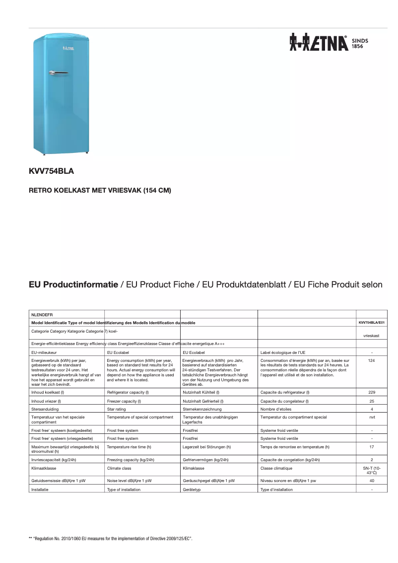 Page 1 de la notice Fiche technique Etna KVV754BLA