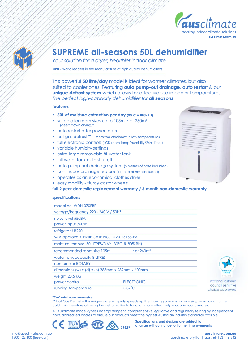 Page n°1 - Fiche technique Ausclimate WDH-070EBP