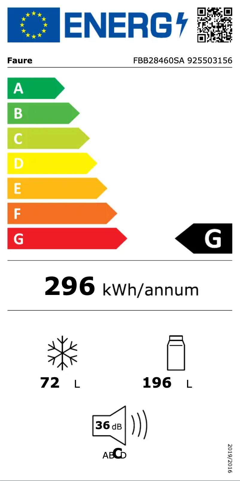 Page 1 de la notice Label énergétique Faure FBB28460SA