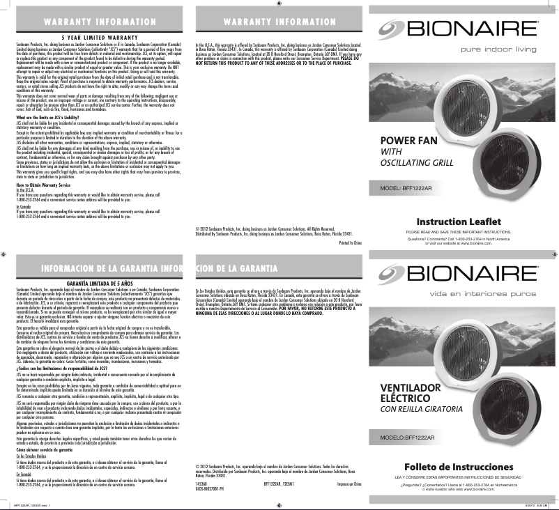 Page 1 de la notice Manuel utilisateur Bionaire BFF1222AR