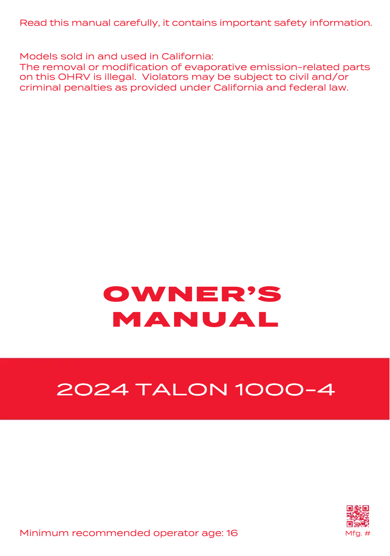 Image de la première page du manuel de l'appareil Talon 1000X-4 (2024)