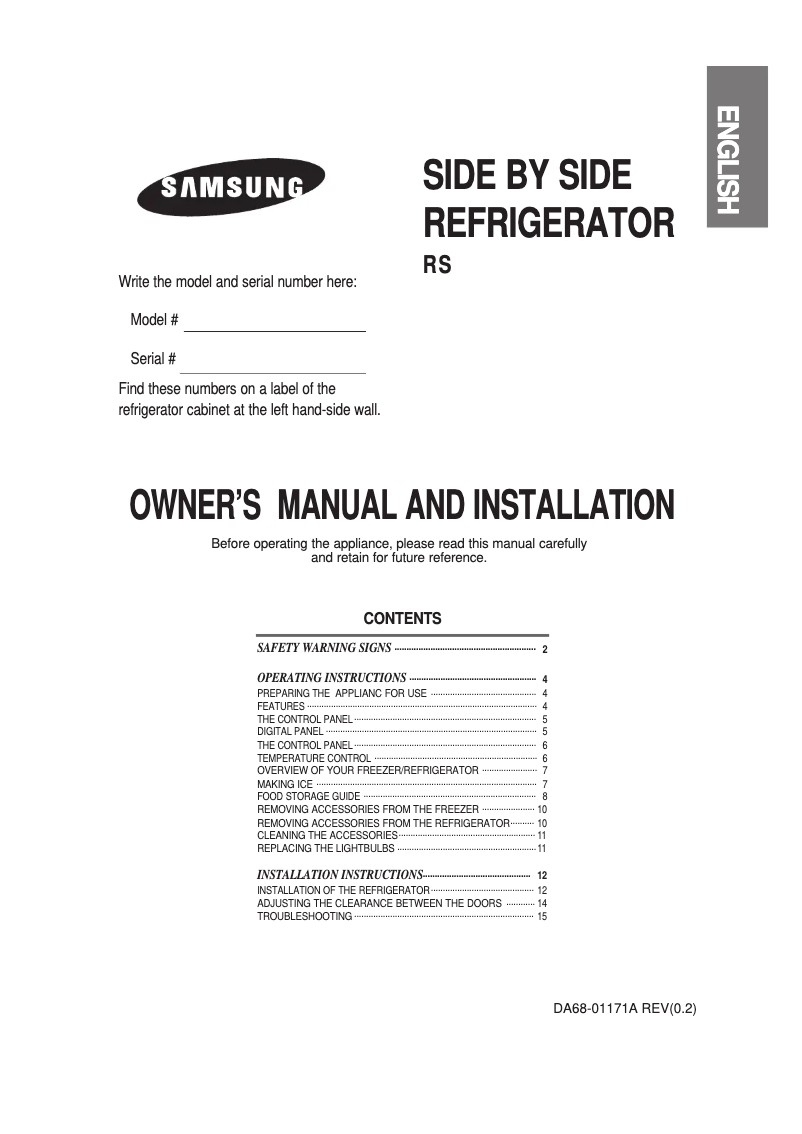 Page n°1 - Manuel utilisateur Samsung RS20NHSV