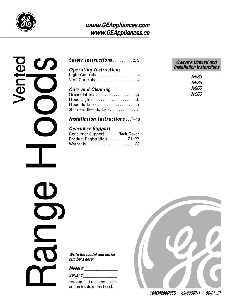 Page 1 de la notice Manuel utilisateur GE JV936LSSC