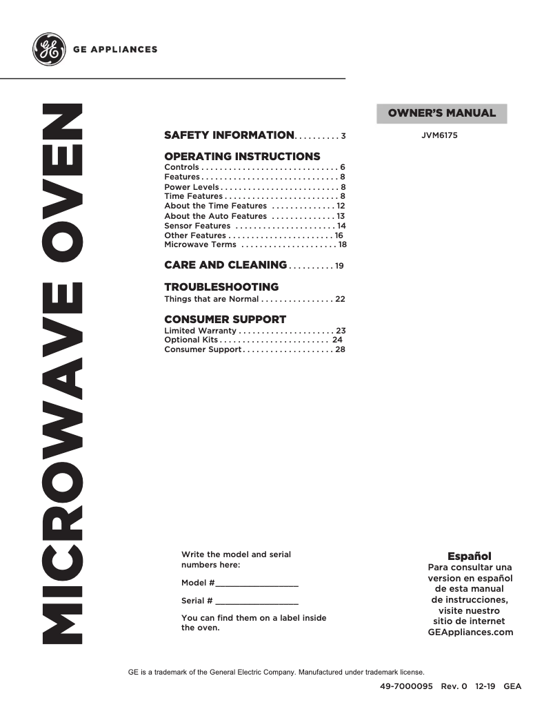 Page 1 de la notice Manuel utilisateur GE JVM6175DKWW