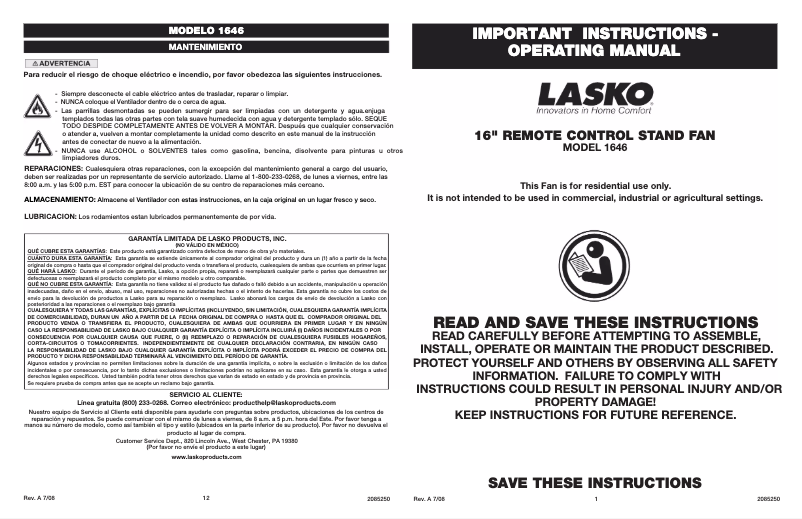 Page 1 de la notice Manuel utilisateur Lasko 1646