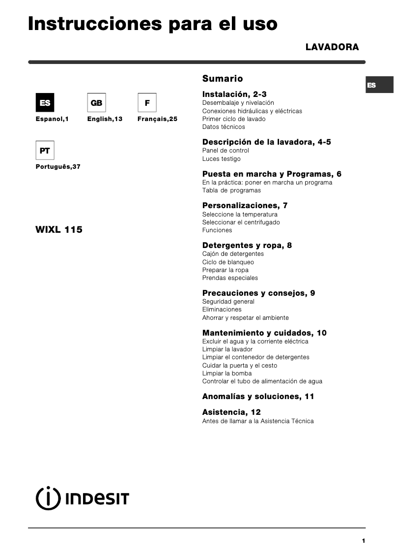 Página 1 del manual Manual de usuario Indesit WIXL 115