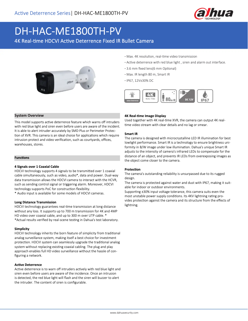 Page n°1 - Fiche technique Dahua Technology HAC-ME1800TH-PV