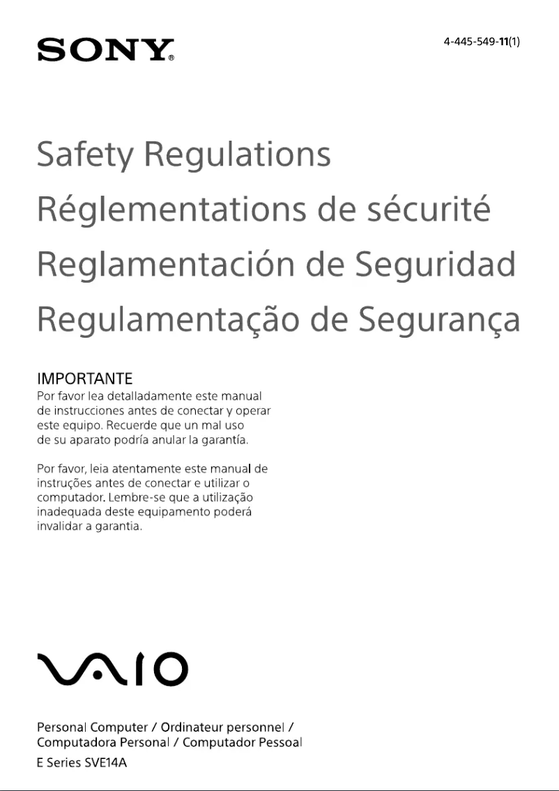 Página 1 del manual Instrucciones de seguridad Sony Vaio SVE14A290X