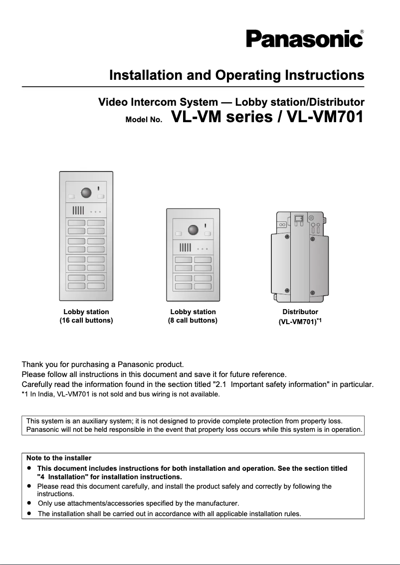 Page 1 de la notice Manuel utilisateur Panasonic VL-VM303SX