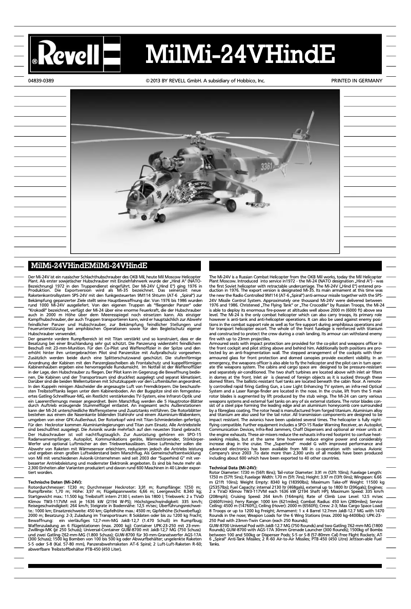Page n°1 - Manuel utilisateur Revell Mil Mi-24V Hind E
