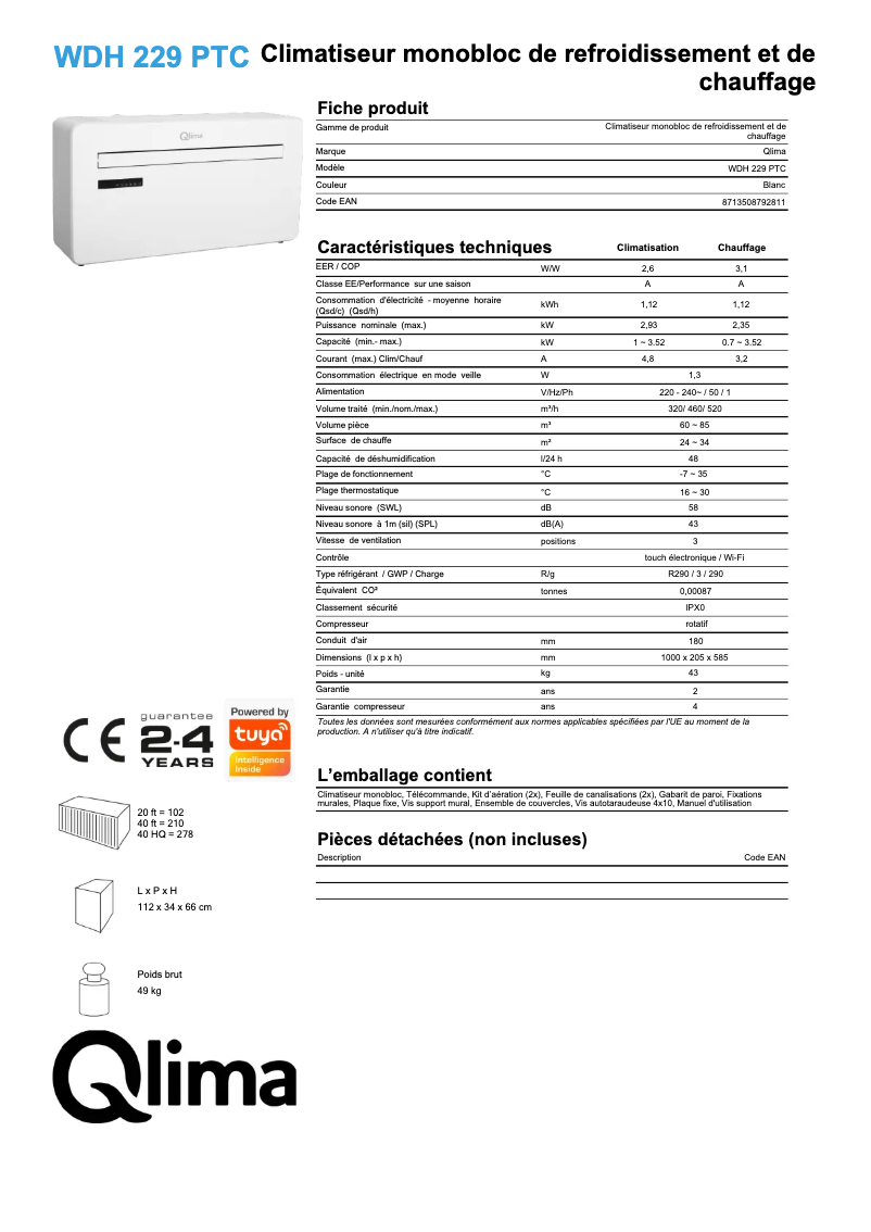 Page 1 de la notice Fiche technique Qlima WDH 229 PTC
