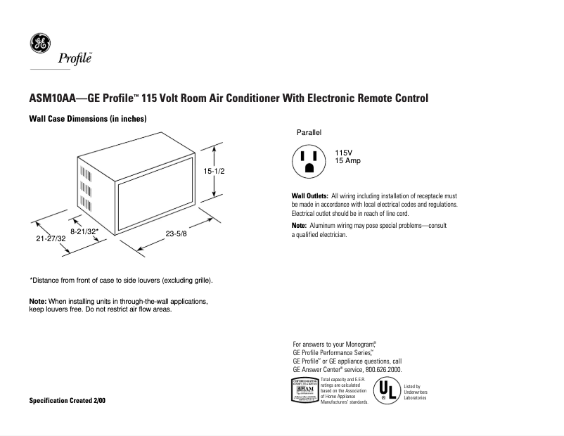 Page n°1 - Fiche technique GE Profile ASM10AA