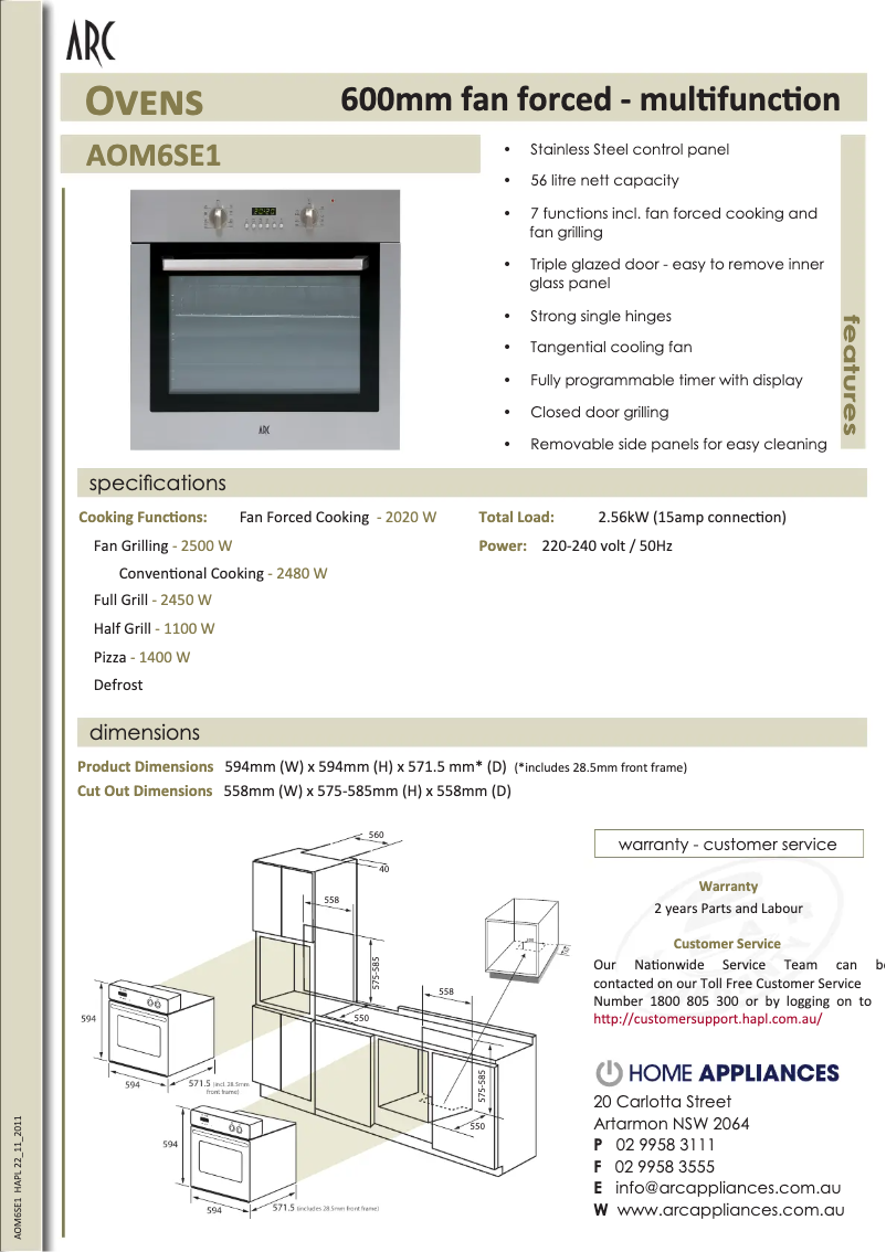 Page 1 de la notice Fiche technique ARC AOM6SE1