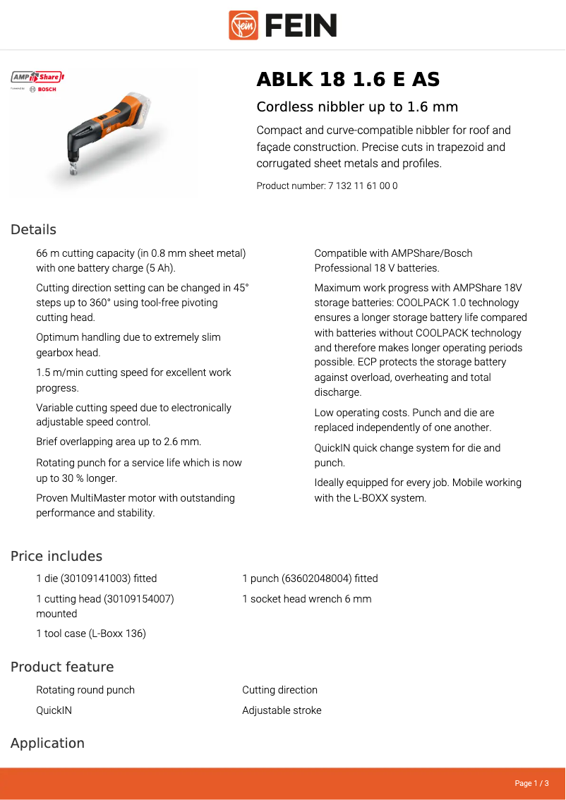 Página 1 del manual Ficha técnica Fein ABLK 18 1.6 E AS