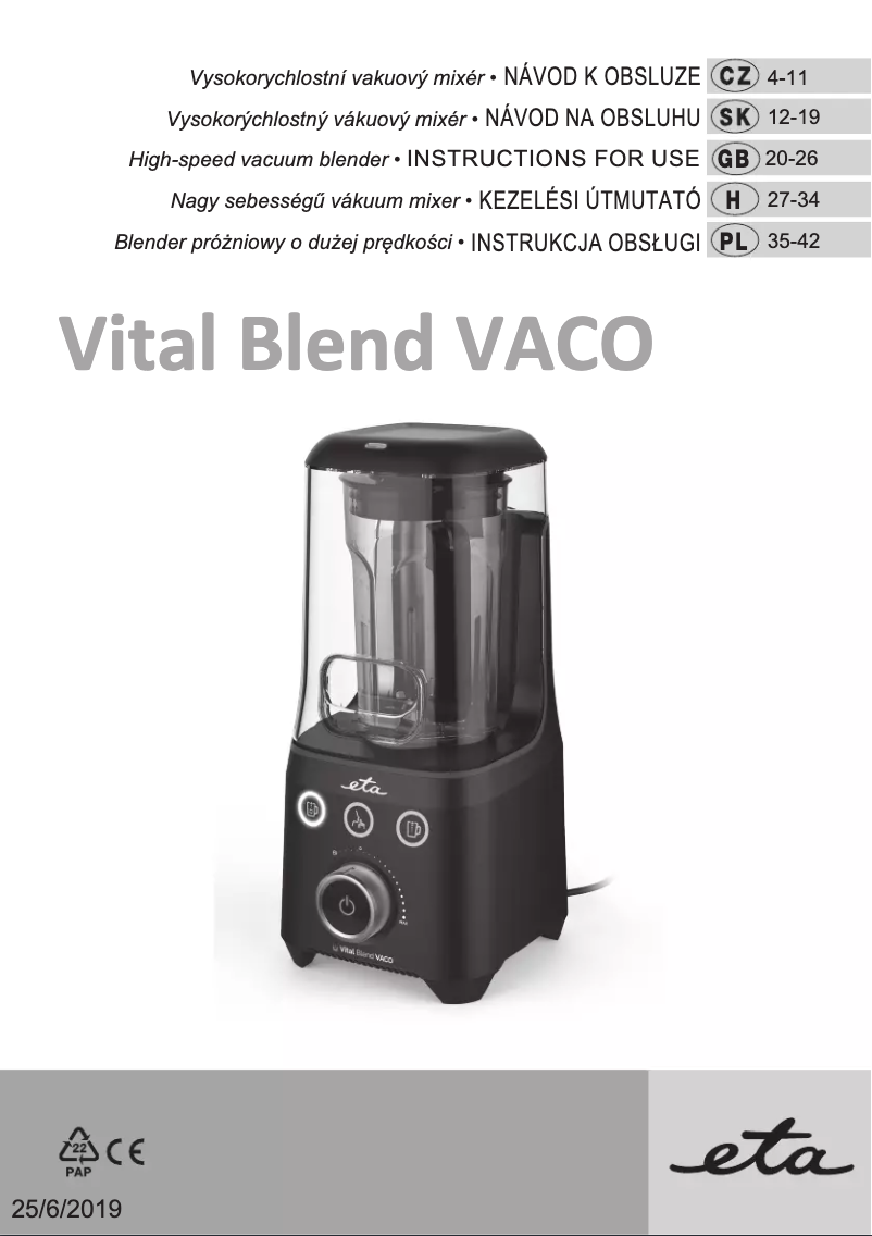 Página 1 del manual Manual de usuario Eta Vital Blend Vaco 4100 90000