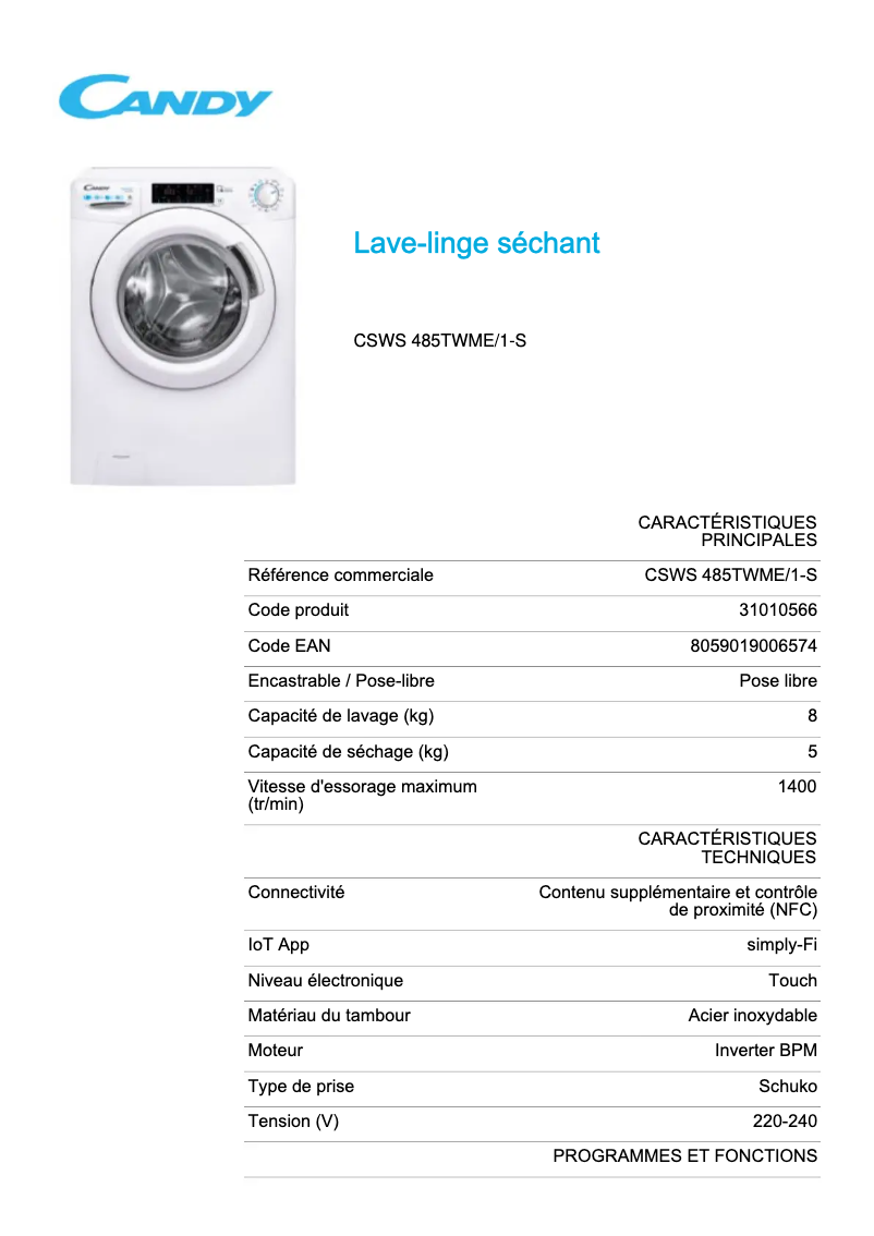 Page n°1 - Fiche technique Candy CSWS 485TWME/1-S