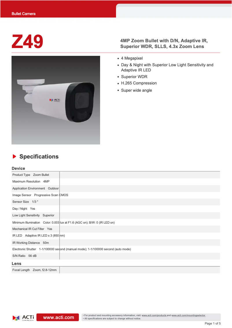 Page 1 de la notice Fiche technique ACTi Z49