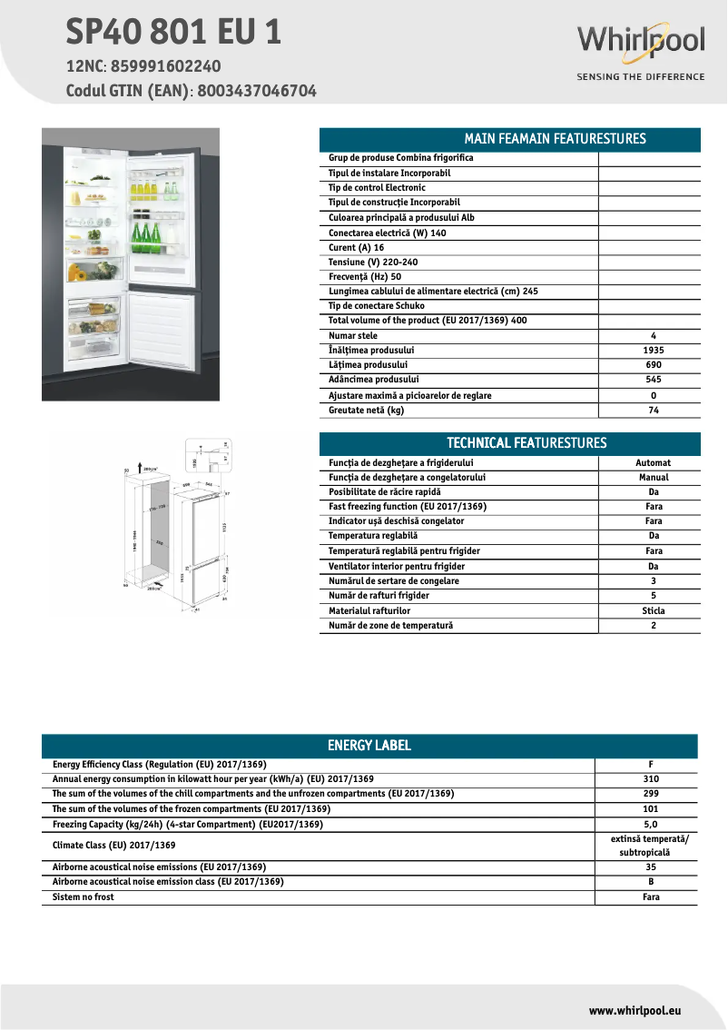 Page 1 de la notice Fiche technique Whirlpool SP40 801