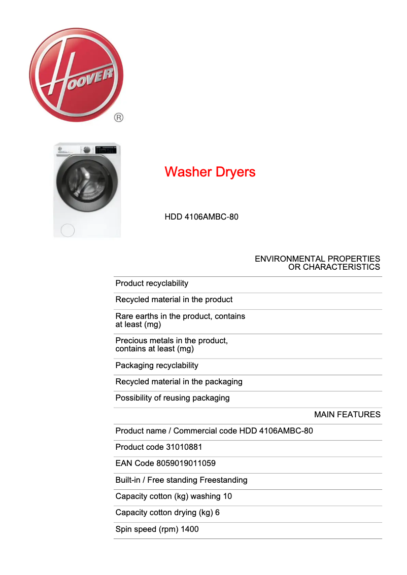 Page n°1 - Fiche technique Hoover H-WASH&DRY 500 HDD 4106AMBC-80