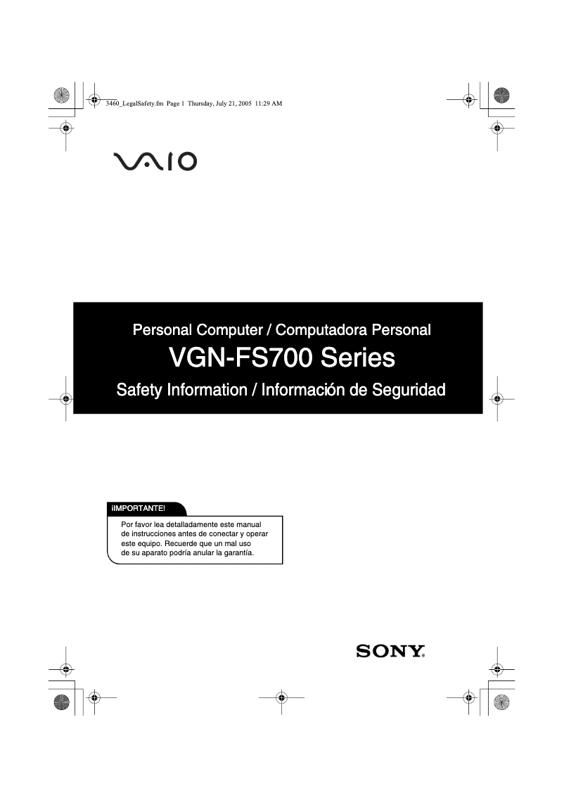 Image de la première page du manuel de l'appareil Vaio VGN-FS715