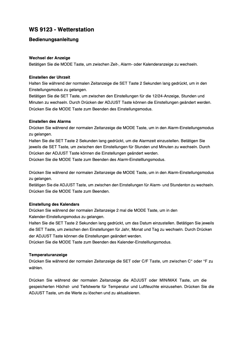 Page n°1 - Manuel utilisateur Techno Line WS 9123