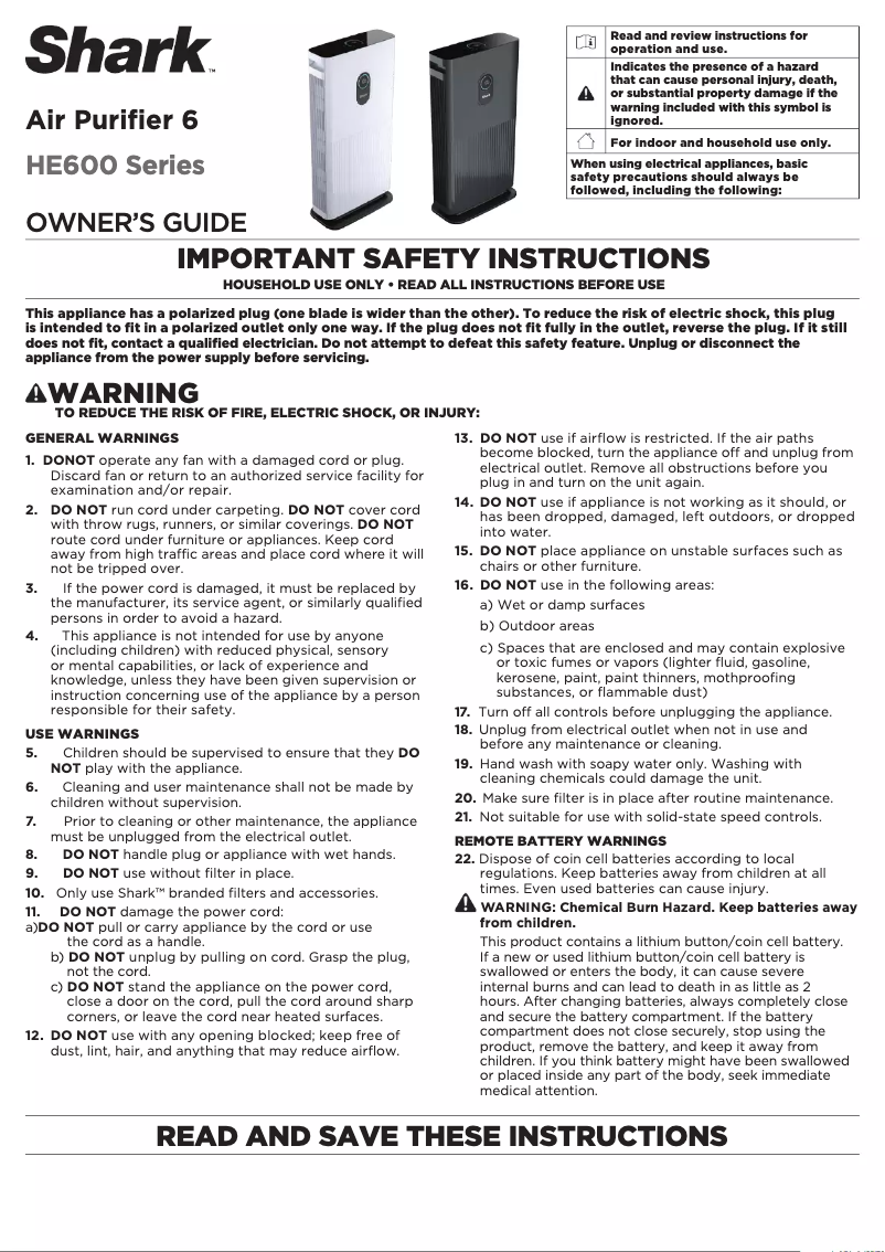 Page 1 de la notice Manuel utilisateur Shark Air Purifier 6 HE601