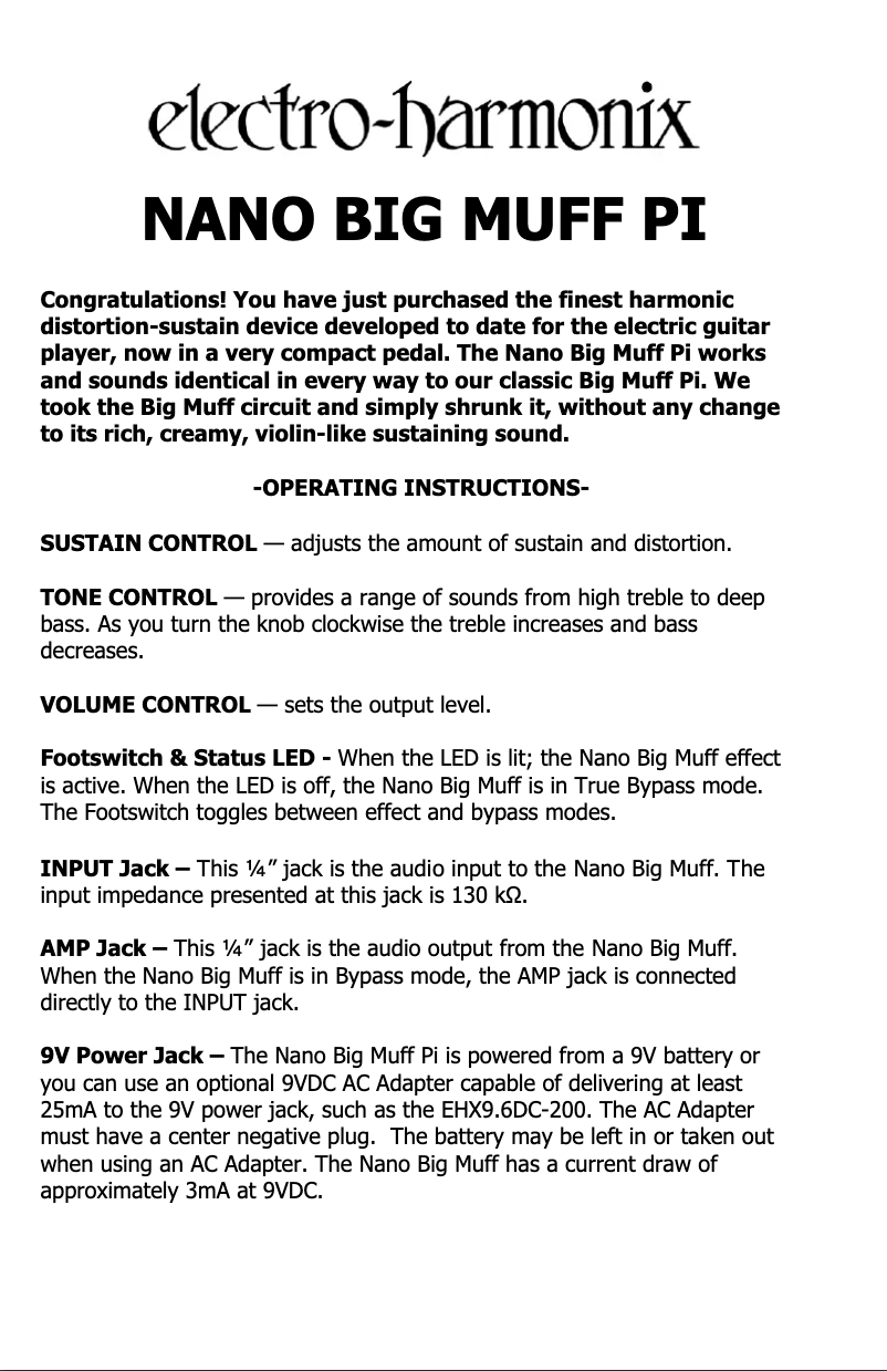 Page n°1 - Manuel utilisateur Electro Harmonix Nano Big Muff Pi