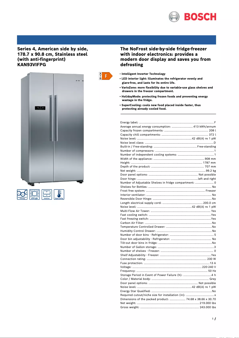 Page n°1 - Fiche technique Bosch Serie 4 KAN93VIFPG