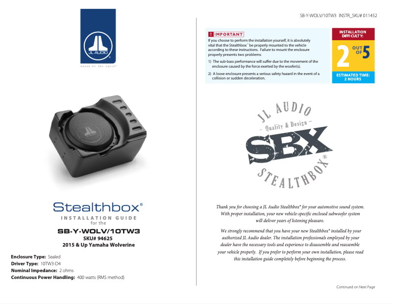 Page 1 de la notice Manuel utilisateur JL Audio Stealthbox SB-Y-WOLV/10TW3