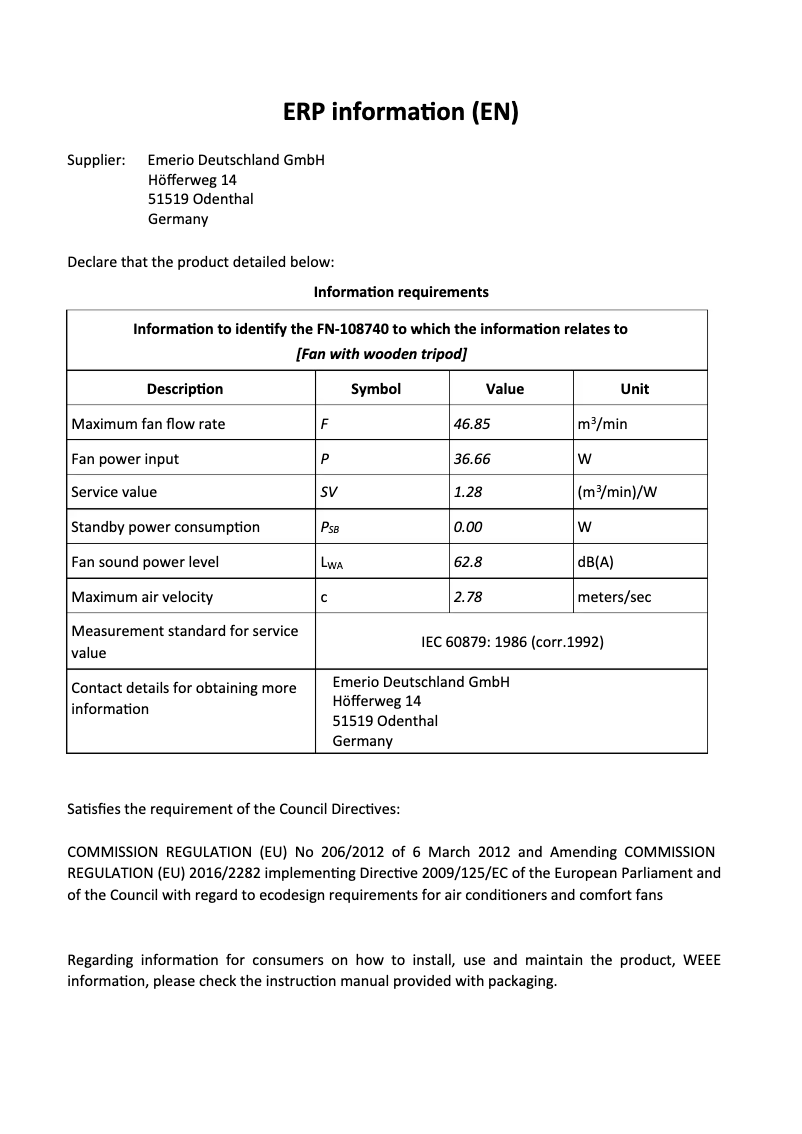 Page 1 de la notice Fiche technique Emerio FN-108740
