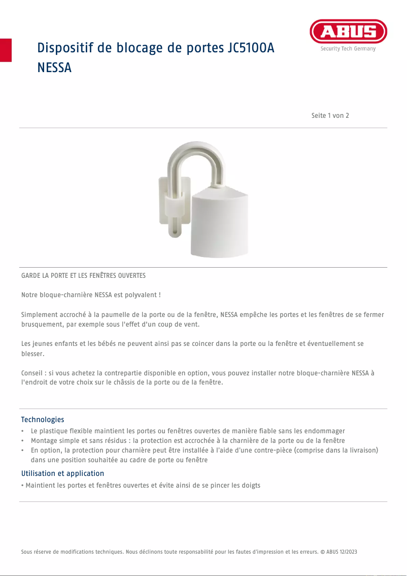 Page 1 de la notice Fiche technique Abus NESSA JC5100A