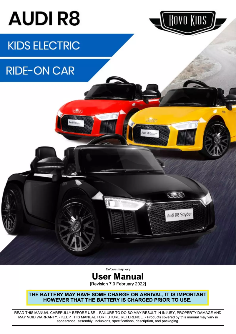 Page 1 de la notice Manuel utilisateur Rovo Kids R8 Spyder