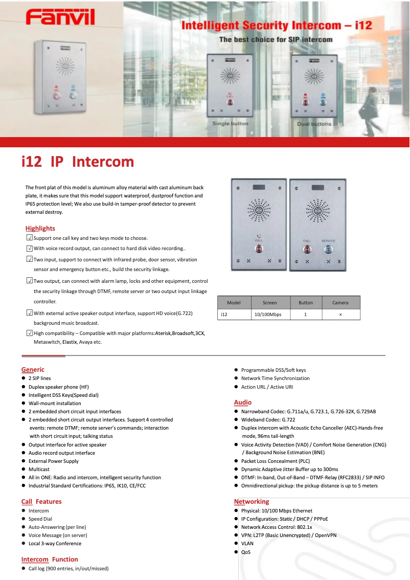 Page 1 de la notice Fiche technique Fanvil I12