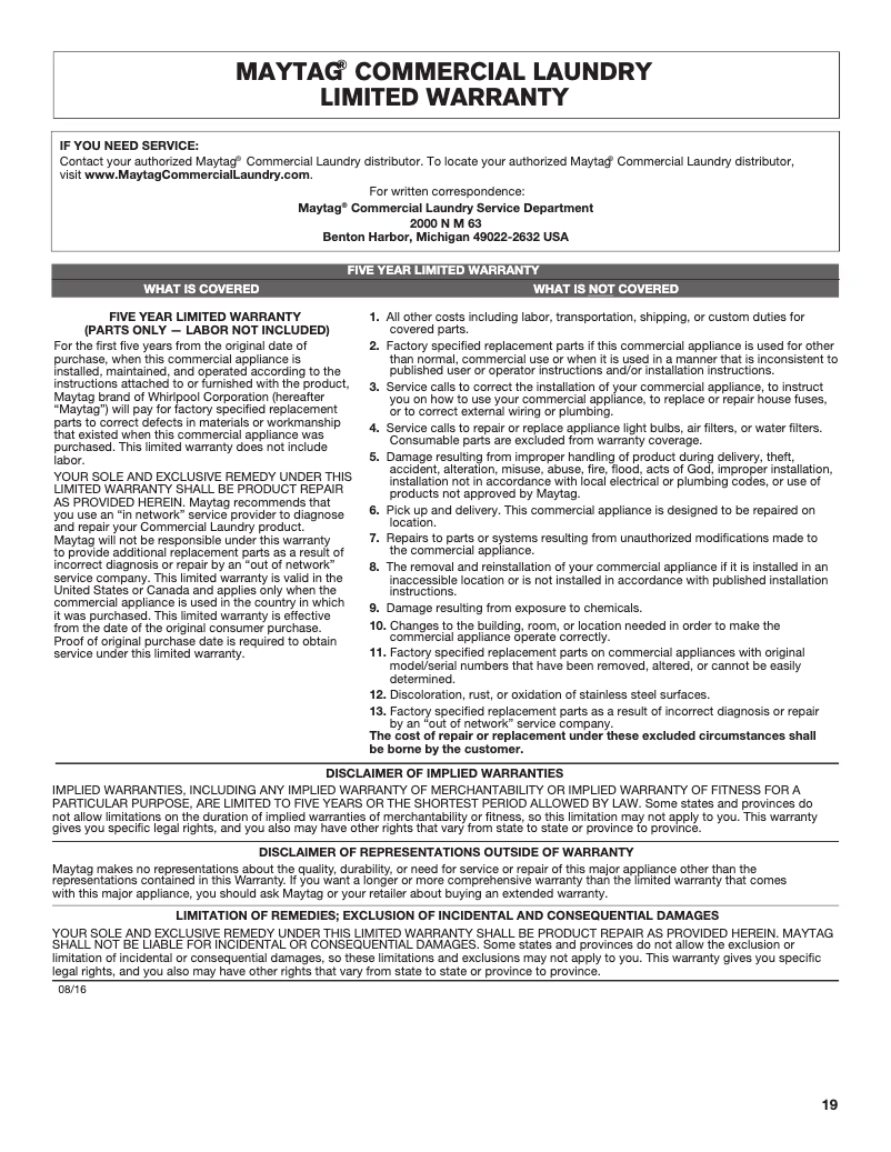 Page 1 de la notice Informations de garantie Maytag MAT20PRAWW