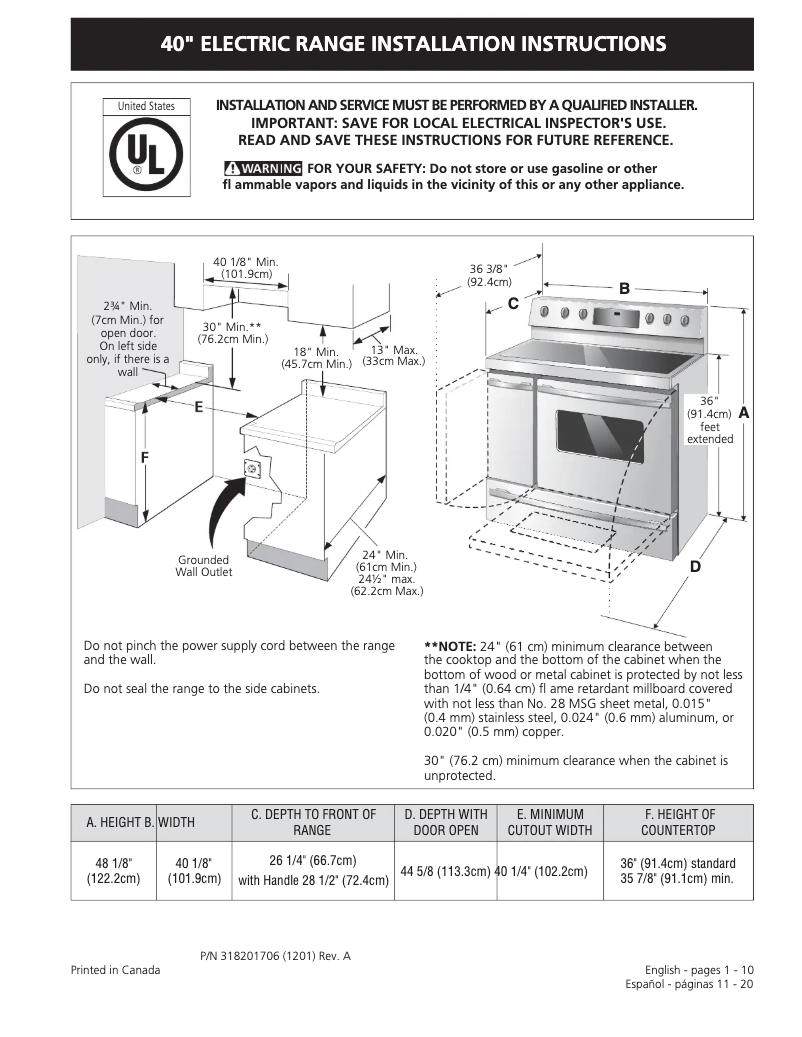 Page n°1 - Guide d'installation Frigidaire FPEF4085KF