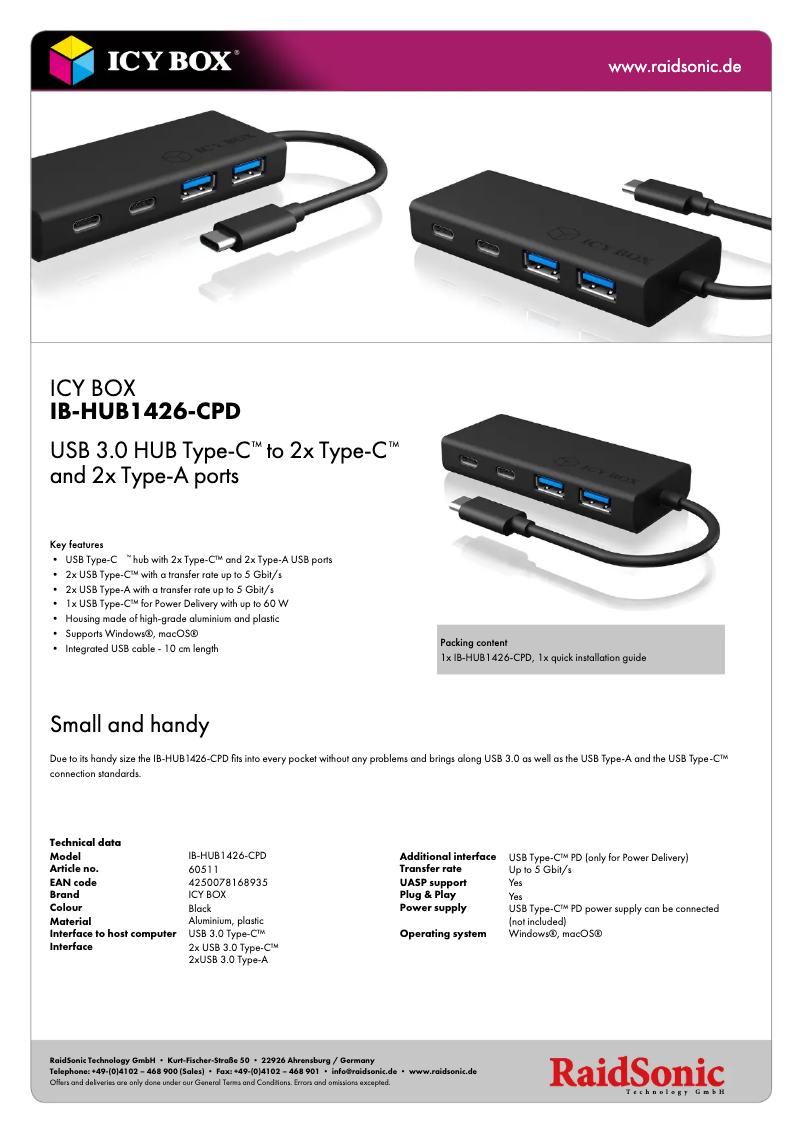 Page 1 de la notice Fiche technique Icy Box IB-HUB1426-CPD