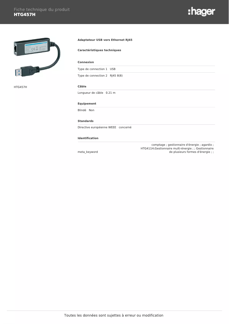 Page n°1 - Fiche technique Hager HTG457H