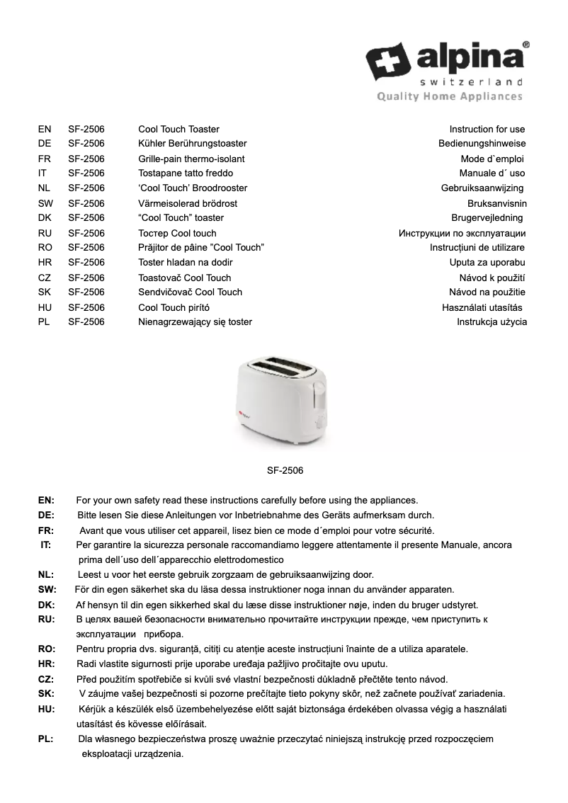 Page n°1 - Manuel utilisateur Alpina SF 2506