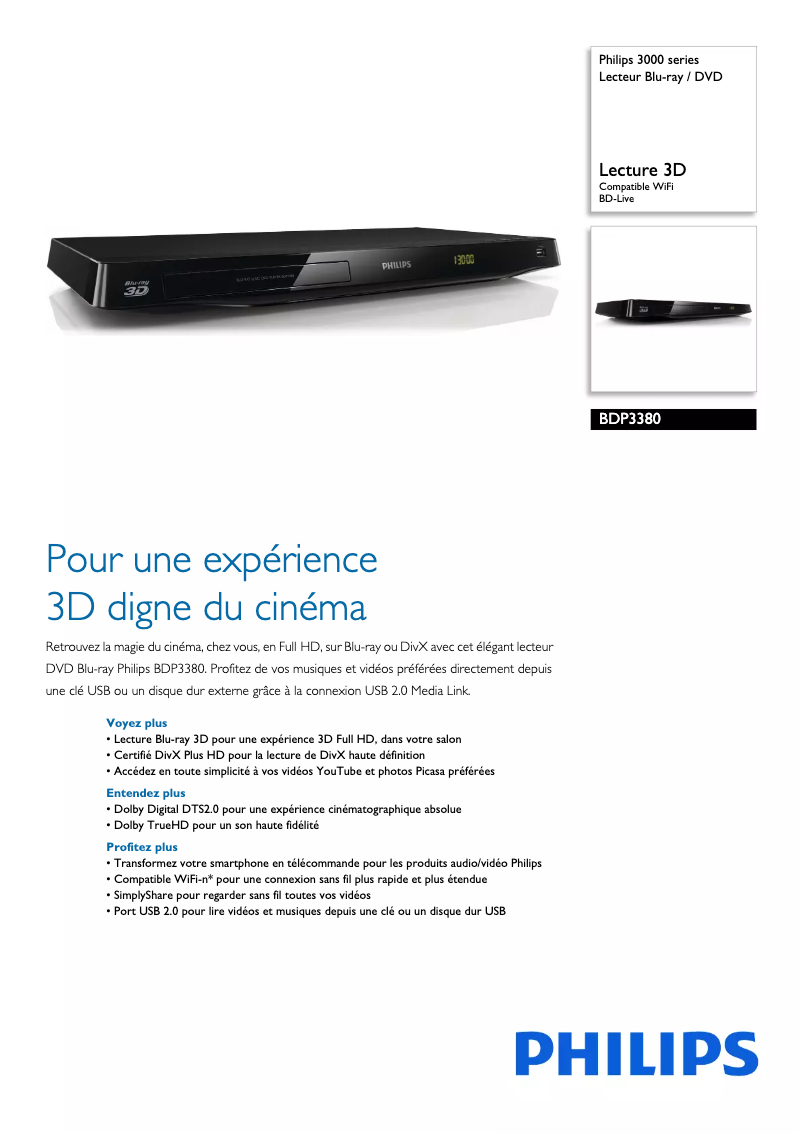 Page 1 de la notice Fiche technique Philips BDP3300