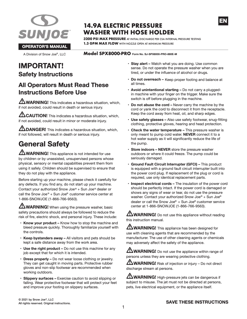 Page 1 de la notice Manuel utilisateur Sun Joe SPX8000-PRO