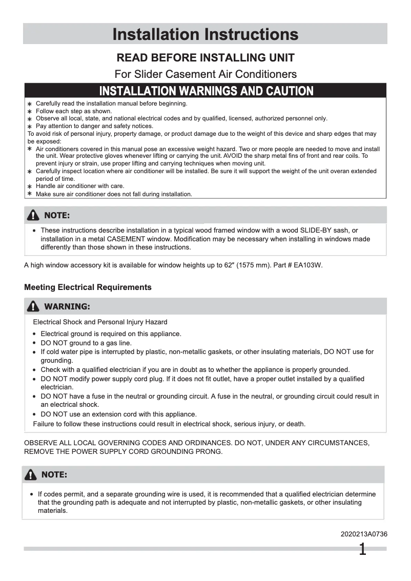 Page 1 de la notice Guide d'installation Frigidaire FRA103KT1