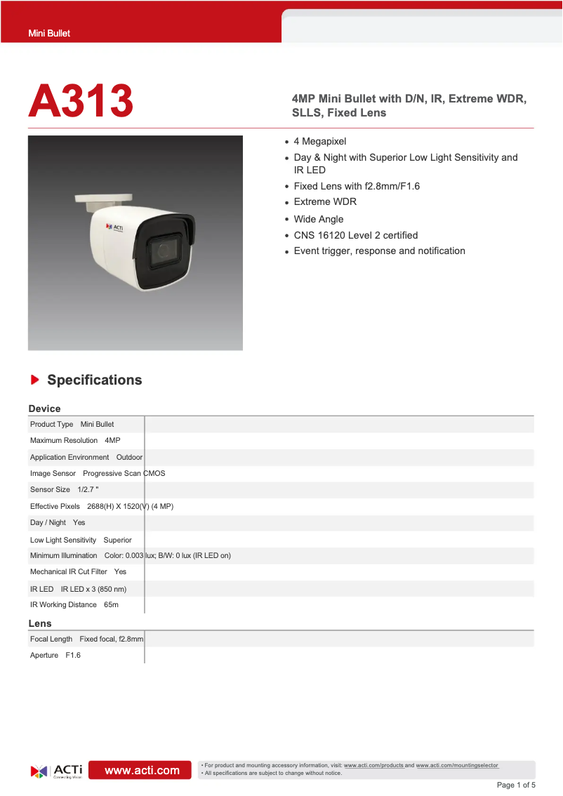 Page n°1 - Fiche technique ACTi A313