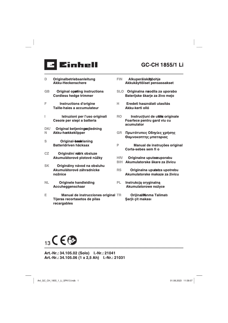 Page n°1 - Manuel utilisateur Einhell GE-CH 1855/1 Li Kit