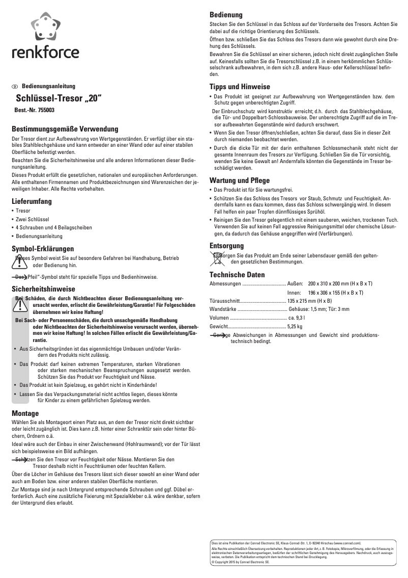 Image de la première page du manuel de l'appareil Key safe 20