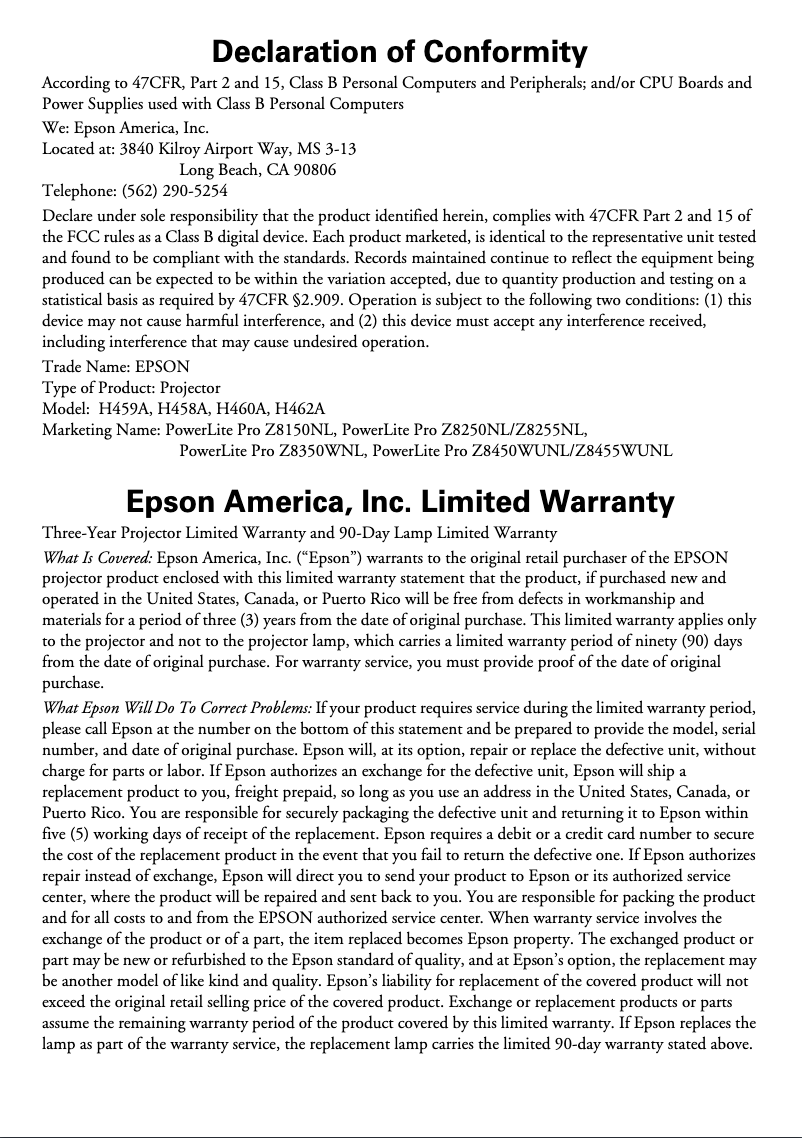 Page 1 de la notice Informations de garantie Epson PowerLite Pro Z8150NL