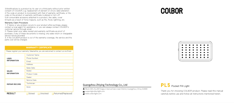 Page n°1 - Manuel utilisateur COLBOR PL5