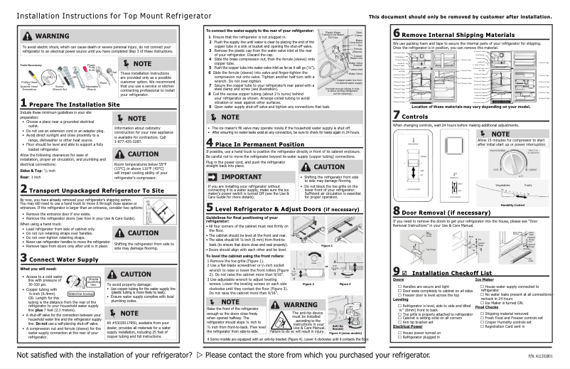 Page 1 de la notice Guide d'installation Frigidaire FFTR18D2QS
